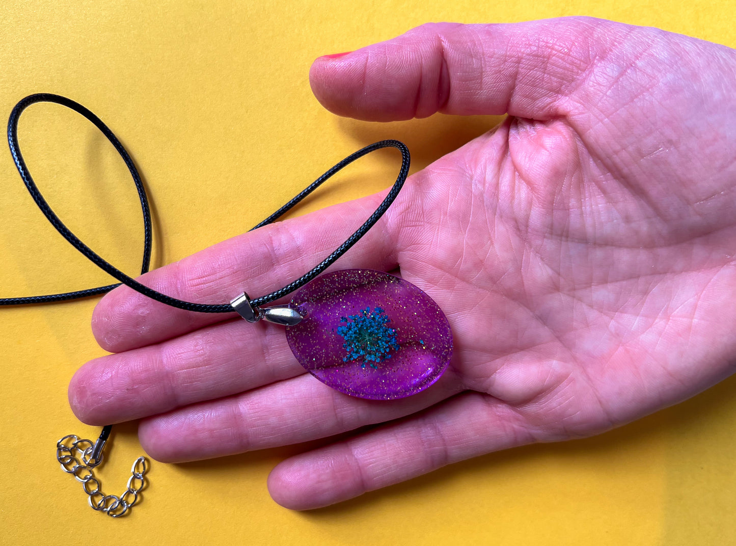 Oval Purple Sparkly with Pressed Flower Necklace