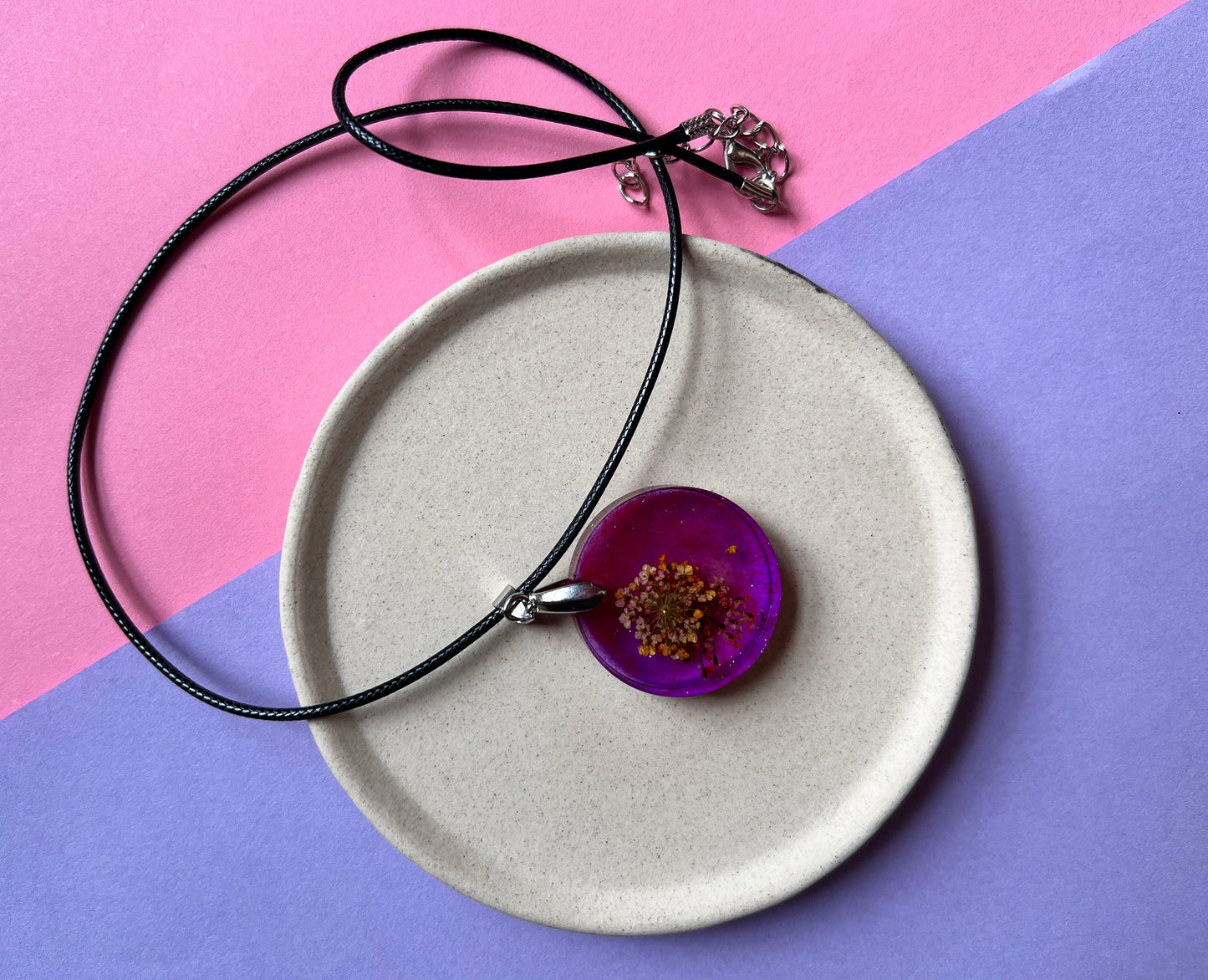 Round Purple Sparkly with Pressed Flower Necklace