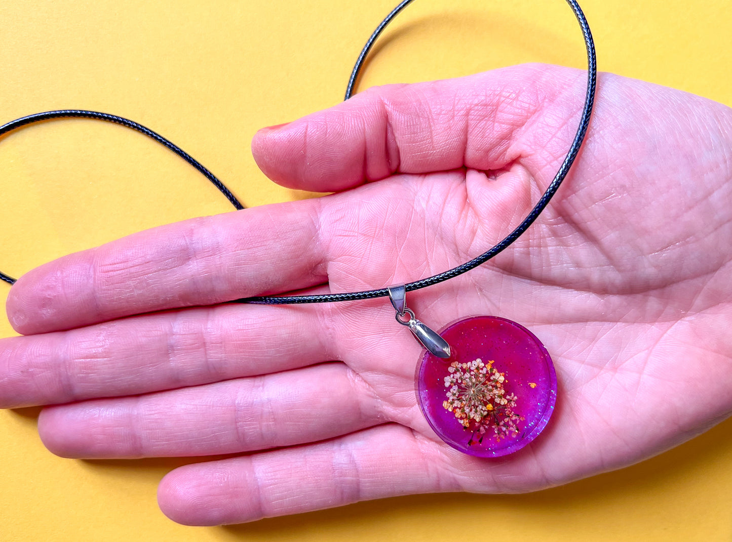 Round Purple Sparkly with Pressed Flower Necklace