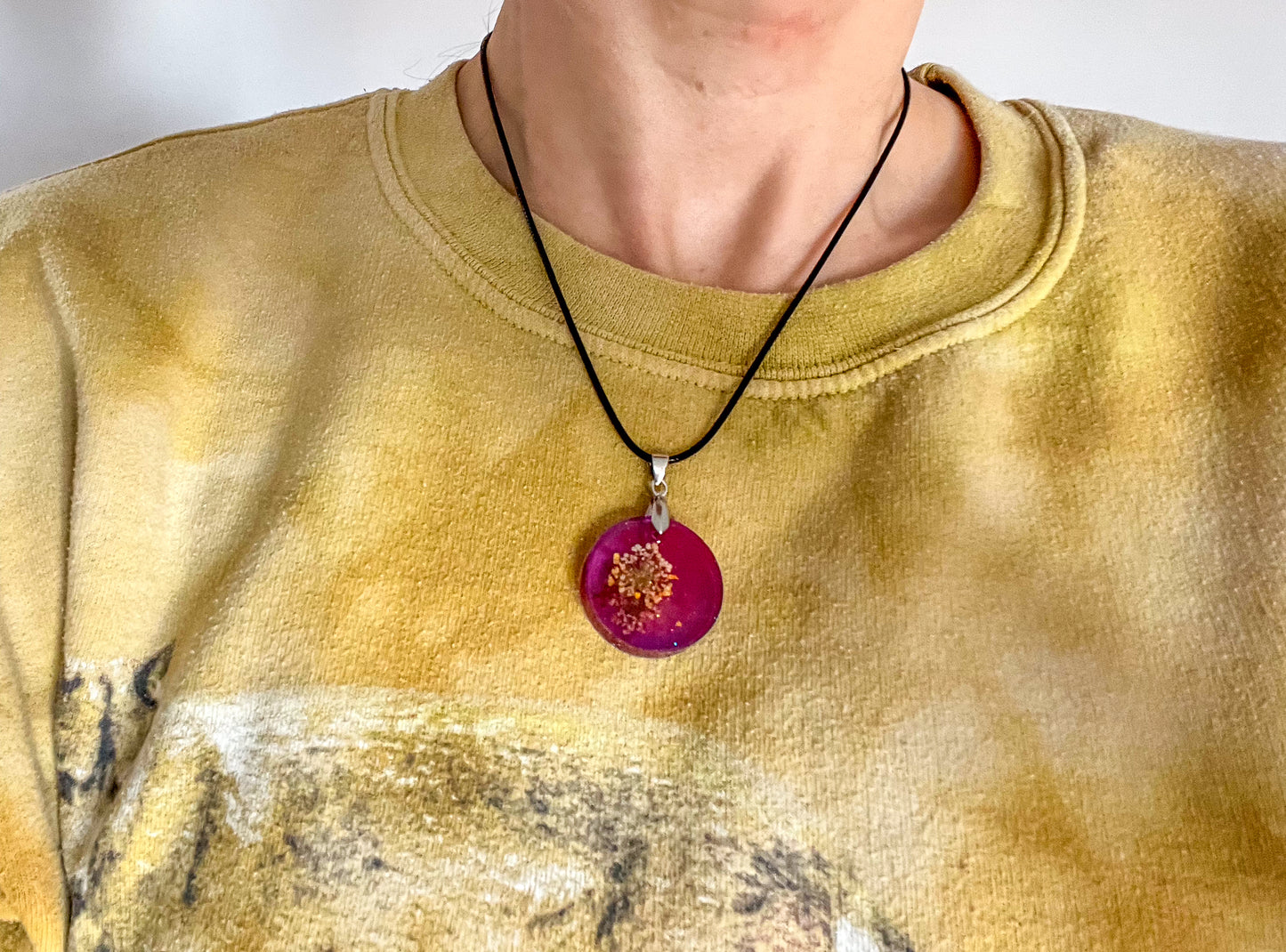 Round Purple Sparkly with Pressed Flower Necklace