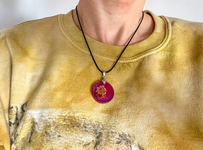 Round Purple Sparkly with Pressed Flower Necklace