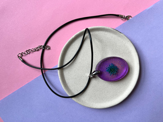 Oval Purple Sparkly with Pressed Flower Necklace